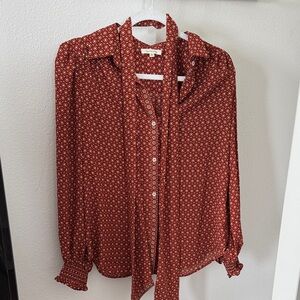 Max Studio Burgundy Geometric Tie-Neck Blouse